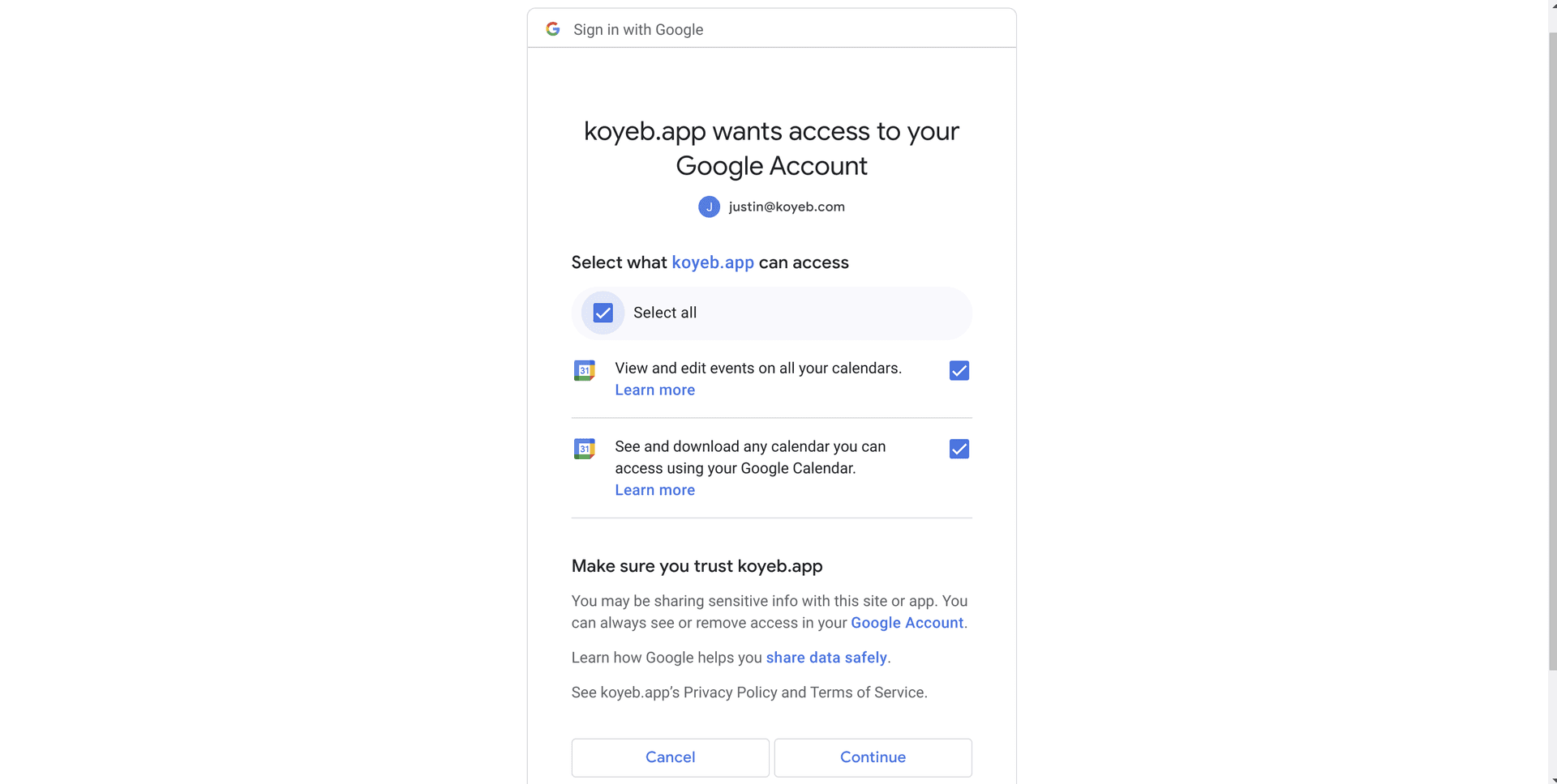 Google permissions selection