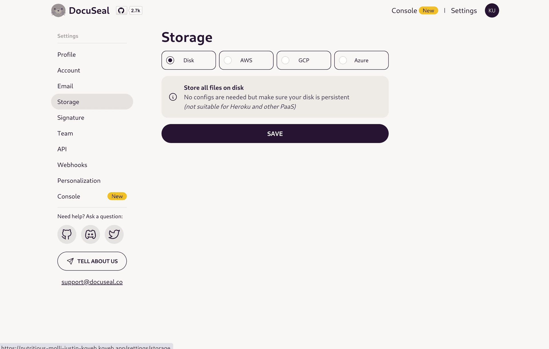 DocuSeal initial storage page