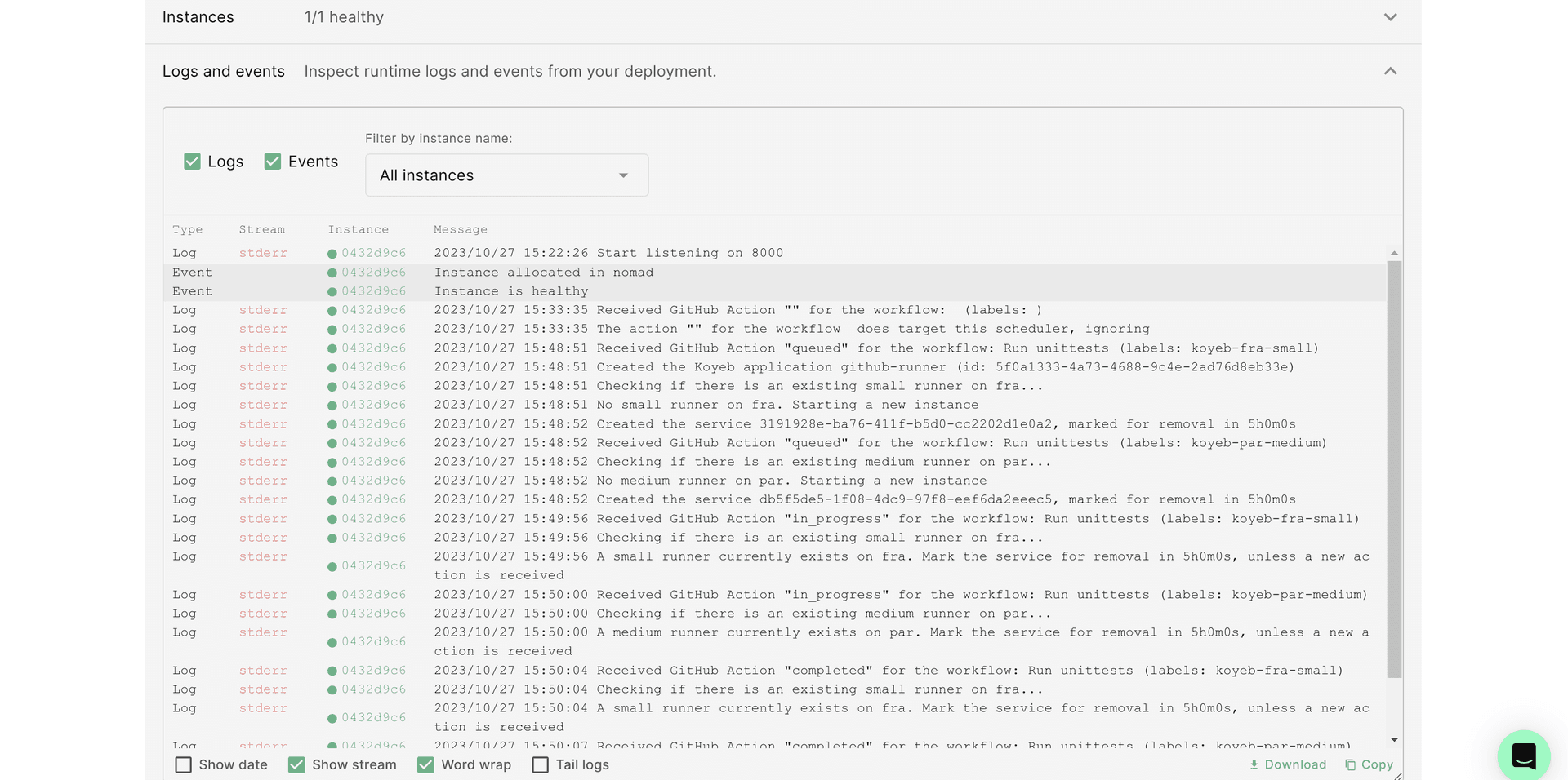 Koyeb Scheduler event logs